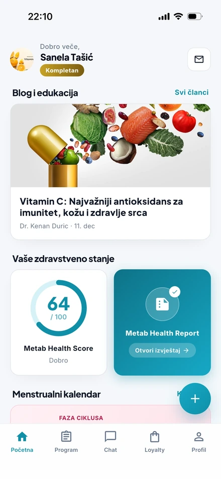 Metab aplikacija — početni ekran sa Metab Health Score