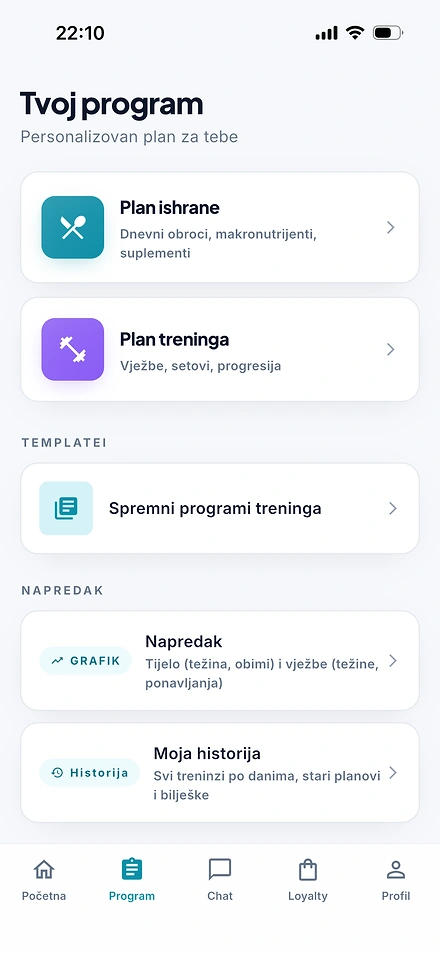 Metab aplikacija — Tvoj program: plan ishrane i treninga